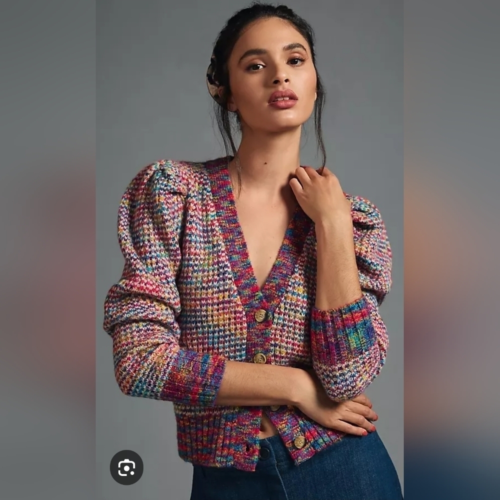 Design History Spacedye Rainbow Cardigan Cropped Sweater Puff Sleeve Size Large